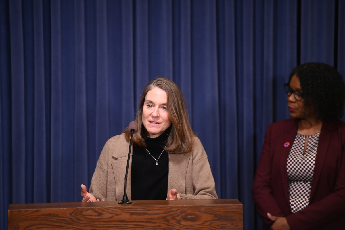 (Photo) State Senator Laura Fine speaking at a press conference