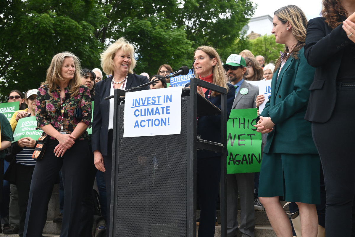 State Senator Laura Fine speaking at a rally 